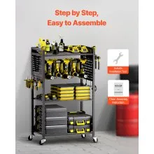 VEVOR 4-tier Tool Organizer Cart, 150 lbs Load Capacity, Floor Stand Rolling Drill Holder and Stability Storage Rack, Heavy Duty Garage Floor Rolling Storage Cart for Workshop, Garage, Black