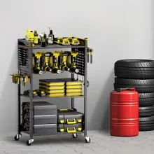 VEVOR 4-tier Tool Organizer Cart, 150 lbs Load Capacity, Floor Stand Rolling Drill Holder and Stability Storage Rack, Heavy Duty Garage Floor Rolling Storage Cart for Workshop, Garage, Black