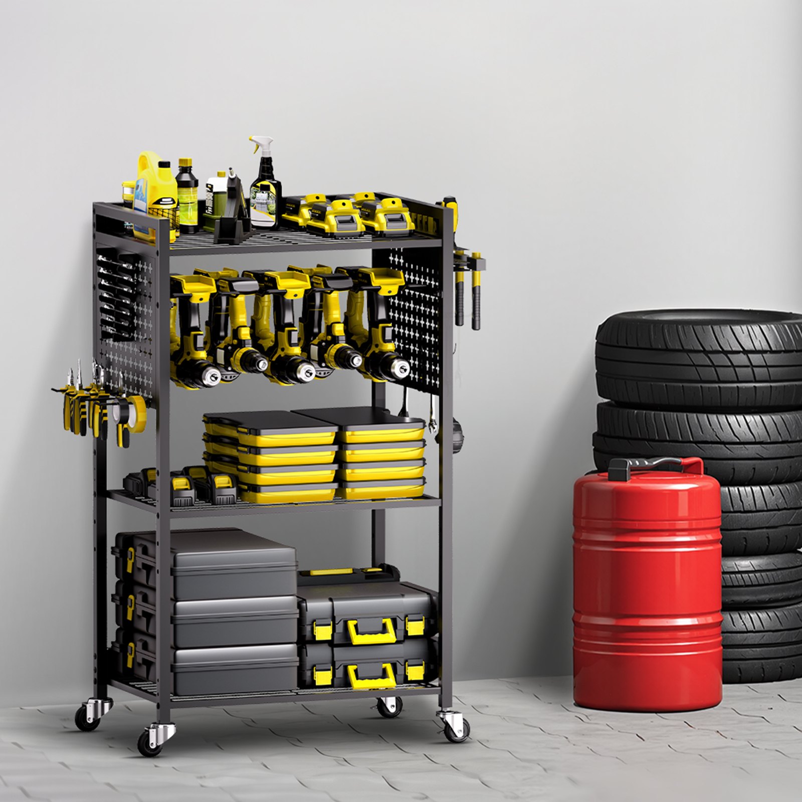 VEVOR 4-tier Tool Organizer Cart, 150 lbs Load Capacity, Floor Stand Rolling Drill Holder and Stability Storage Rack, Heavy Duty Garage Floor Rolling Storage Cart for Workshop, Garage, Black
