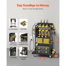 VEVOR 4-tier Tool Organizer Cart with Charging Station, 8 AC Outlet, Floor Stand Rolling Drill Holder and Tool Battery Storage Rack on Wheels, Garage Floor Rolling Storage Cart for Workshop, Garage