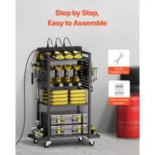 VEVOR 4-tier Tool Organizer Cart with Charging Station, 8 AC Outlet, Floor Stand Rolling Drill Holder and Tool Battery Storage Rack on Wheels, Garage Floor Rolling Storage Cart for Workshop, Garage