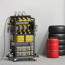 VEVOR 4-tier Tool Organizer Cart with Charging Station, 8 AC Outlet, Floor Stand Rolling Drill Holder and Tool Battery Storage Rack on Wheels, Garage Floor Rolling Storage Cart for Workshop, Garage