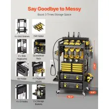 VEVOR 5-tier Tool Organizer Cart with Charging Station, 8 AC Outlet, Floor Stand Rolling Drill Holder and Tool Battery Storage Rack on Wheels, Garage Floor Rolling Storage Cart for Workshop, Garage