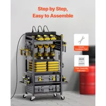 VEVOR 5-tier Tool Organizer Cart with Charging Station, 8 AC Outlet, Floor Stand Rolling Drill Holder and Tool Battery Storage Rack on Wheels, Garage Floor Rolling Storage Cart for Workshop, Garage