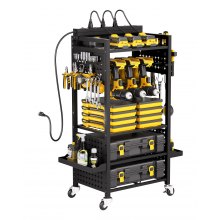 VEVOR 5-tier Tool Organizer Cart with Charging Station, 8 AC Outlet, Floor Stand Rolling Drill Holder and Tool Battery Storage Rack on Wheels, Garage Floor Rolling Storage Cart for Workshop, Garage