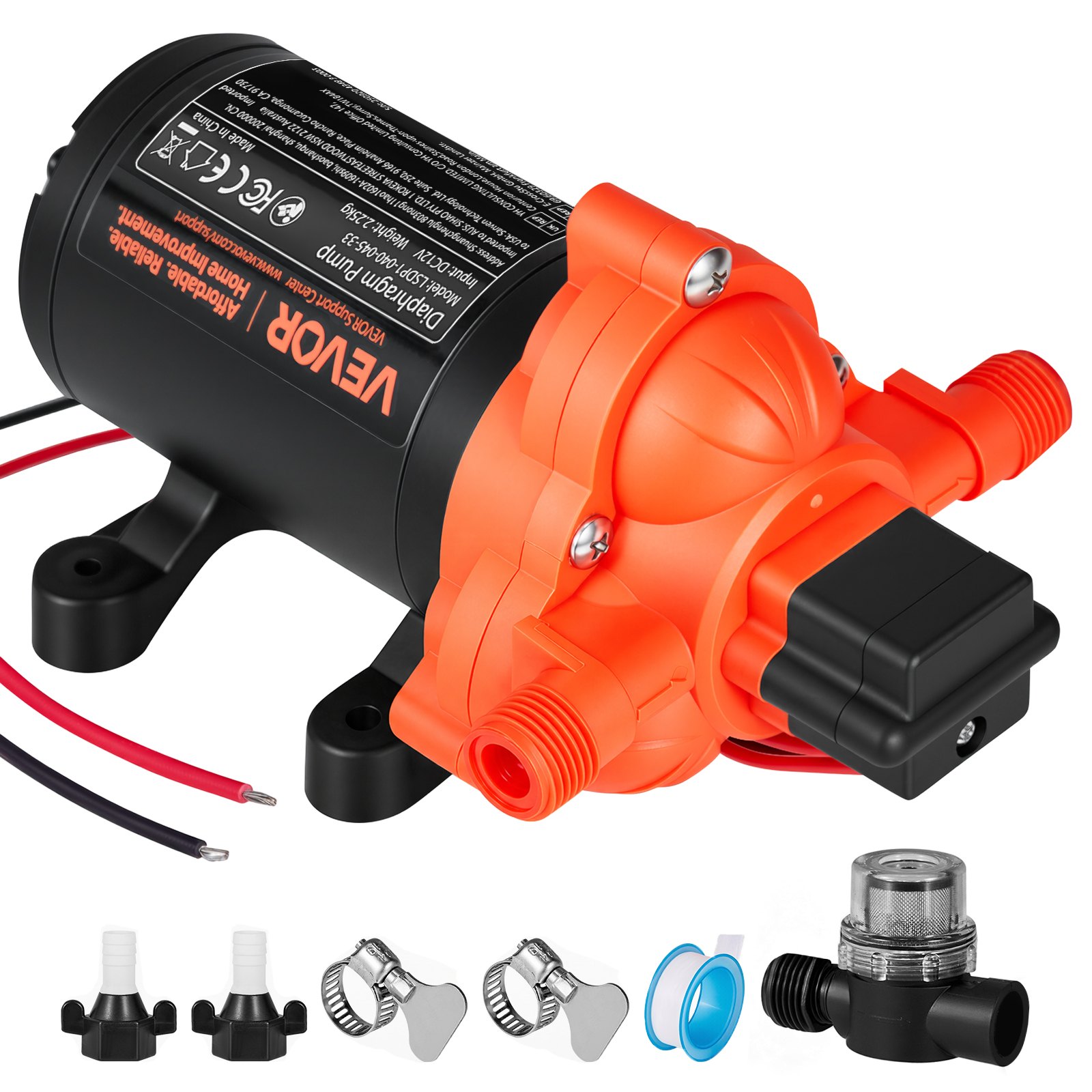 VEVOR RV Water Pump, 12V DC 4 GPM (15.1 L/min), 3-Chamber Self-Priming Diaphragm Water Pump with Automatic Pressure Switch, 40 PSI Max Pressure, On Demand for RV, Caravan, Marine, Yacht, Car Washing