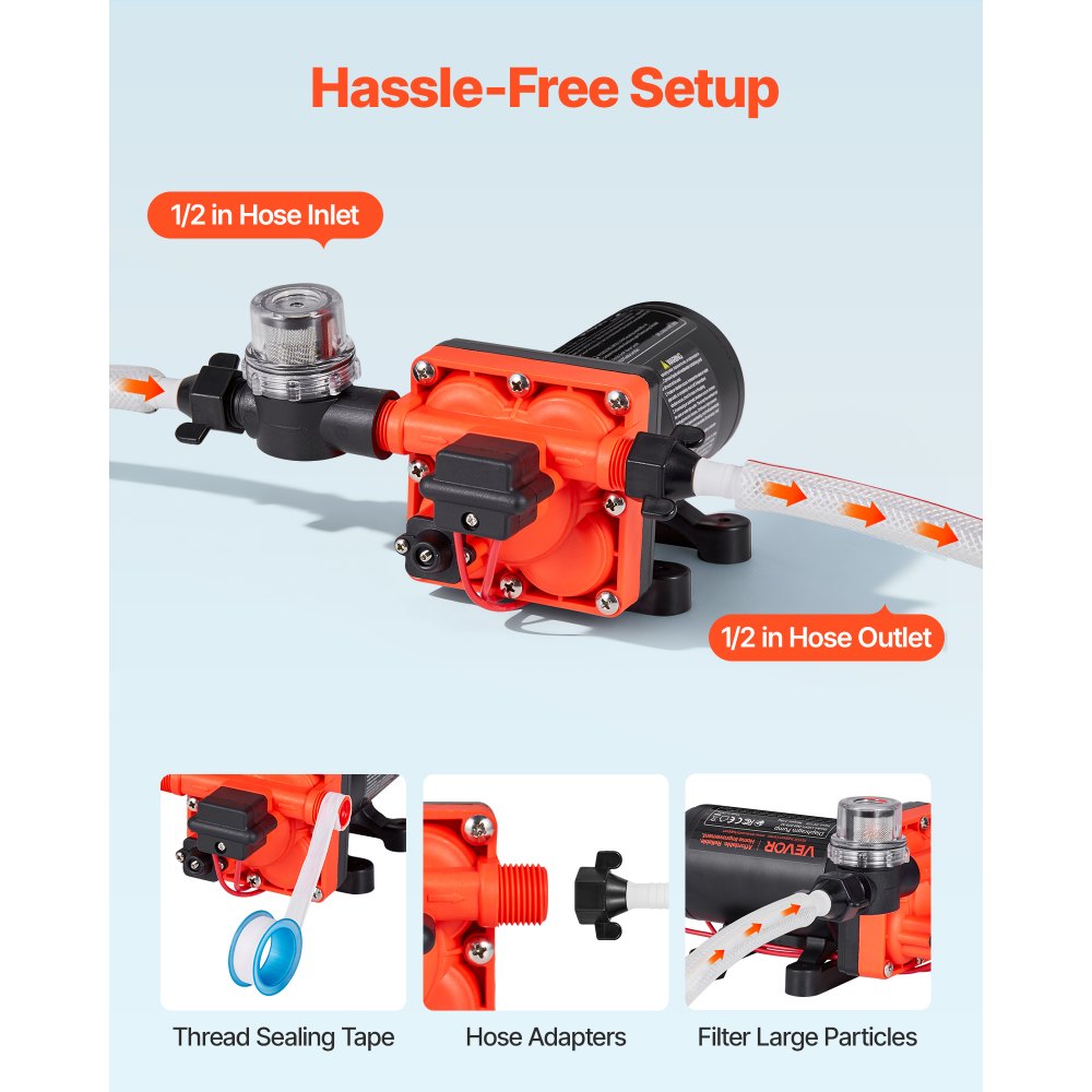 VEVOR RV Water Pump, 12V DC 6 GPM (22.7 L/min), 4-Chamber Self-Priming Diaphragm Water Pump with Automatic Pressure Switch, 70 PSI Max Pressure, On Demand for RV, Caravan, Marine, Yacht, Car Washing