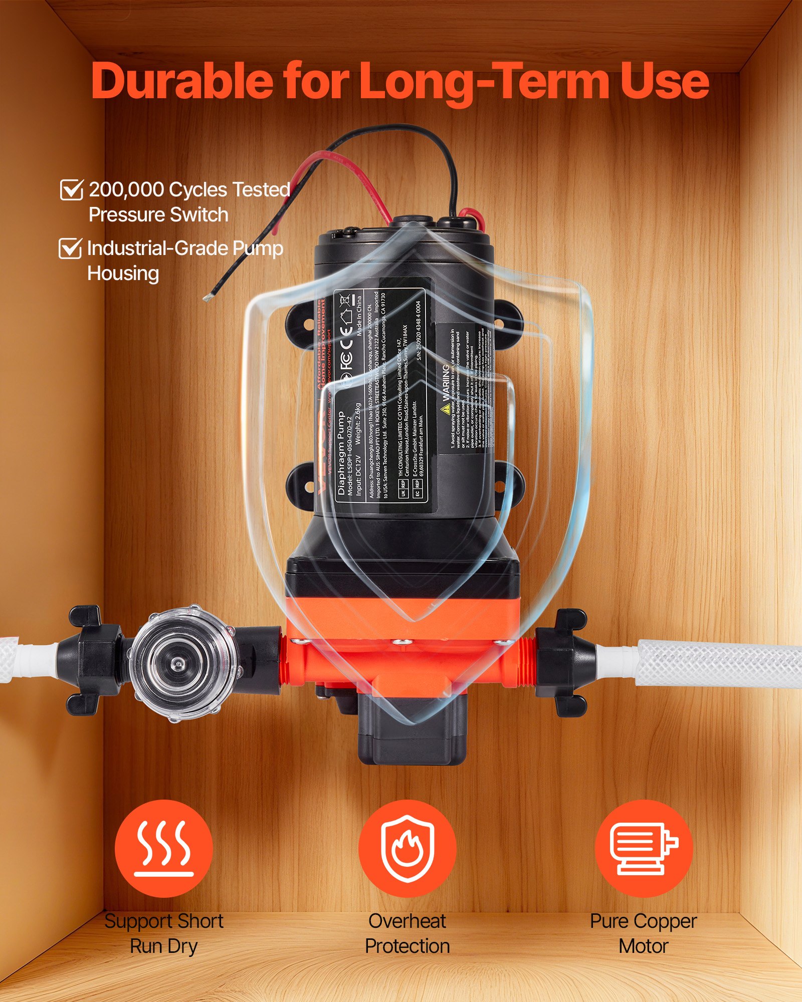 VEVOR RV Water Pump, 12V DC 5 GPM (18.9 L/min), 4-Chamber Self-Priming Diaphragm Water Pump with Automatic Pressure Switch, 70 PSI Max Pressure, On Demand for RV, Caravan, Marine, Yacht, Car Washing