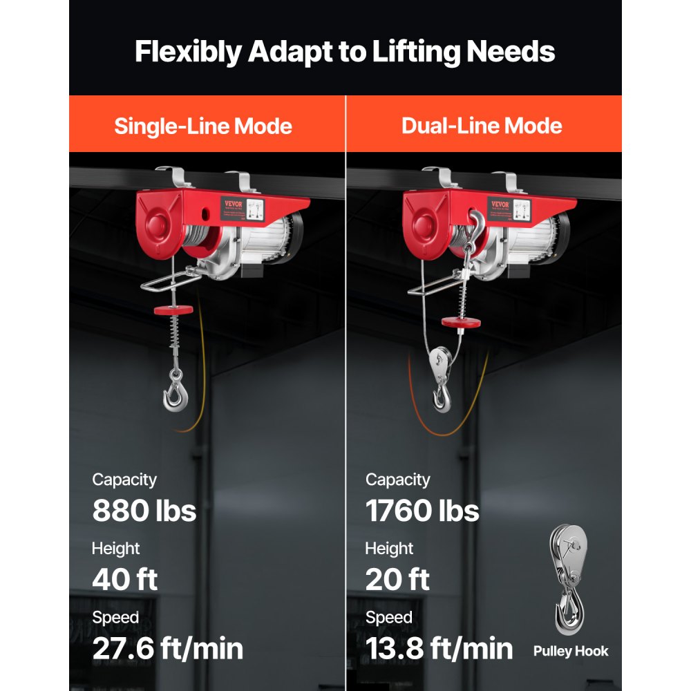 VEVOR Electric Hoist, 1760 lbs 120V Electric Winch with 328 ft Wireless Remote Control, 40 ft Single Cable Lifting Height, Single/Double Slings, Emergency Stop, Lift Hoist for Garage Warehouse Factory