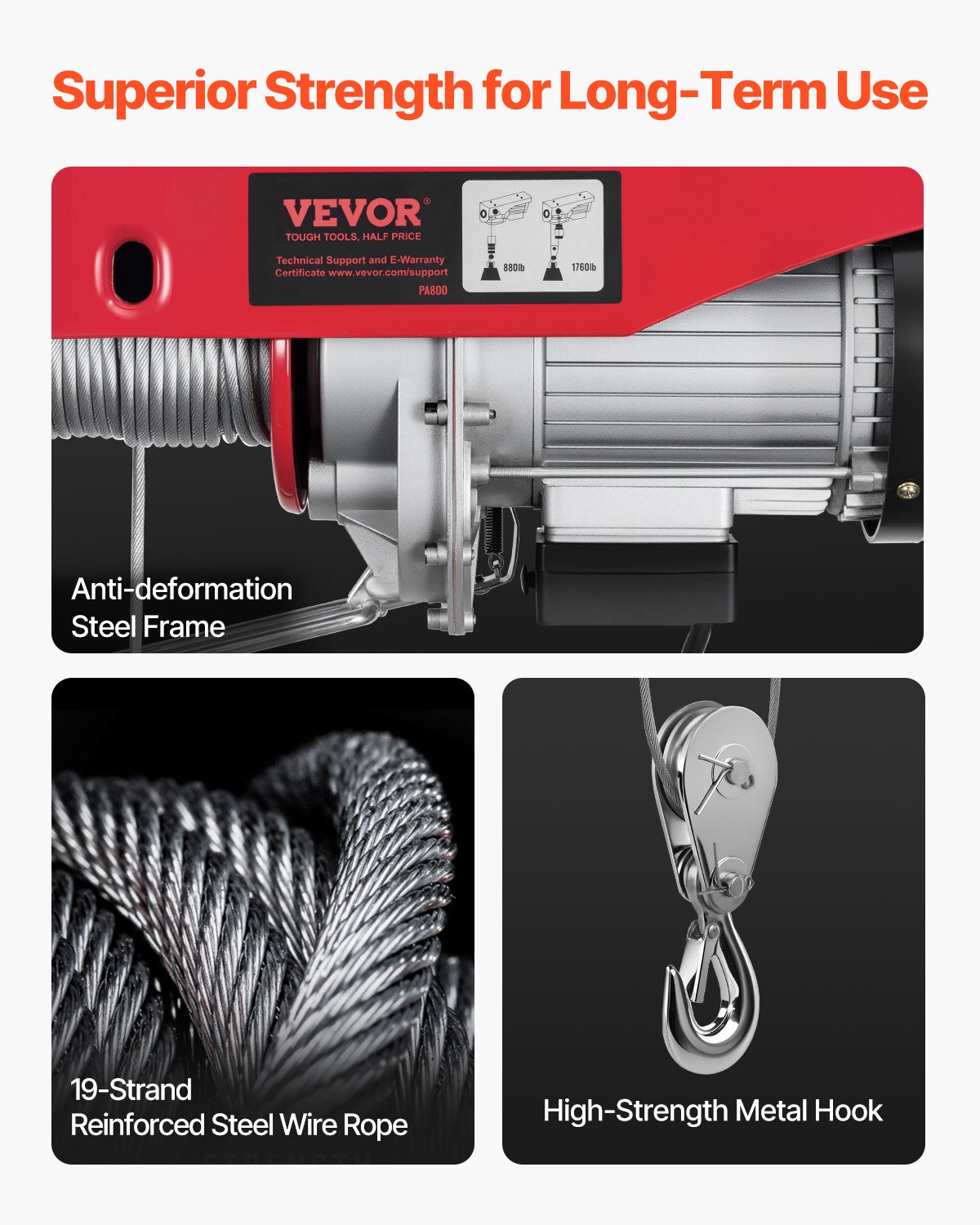 VEVOR Electric Hoist, 1760 lbs 120V Electric Winch with 328 ft Wireless Remote Control, 40 ft Single Cable Lifting Height, Single/Double Slings, Emergency Stop, Lift Hoist for Garage Warehouse Factory