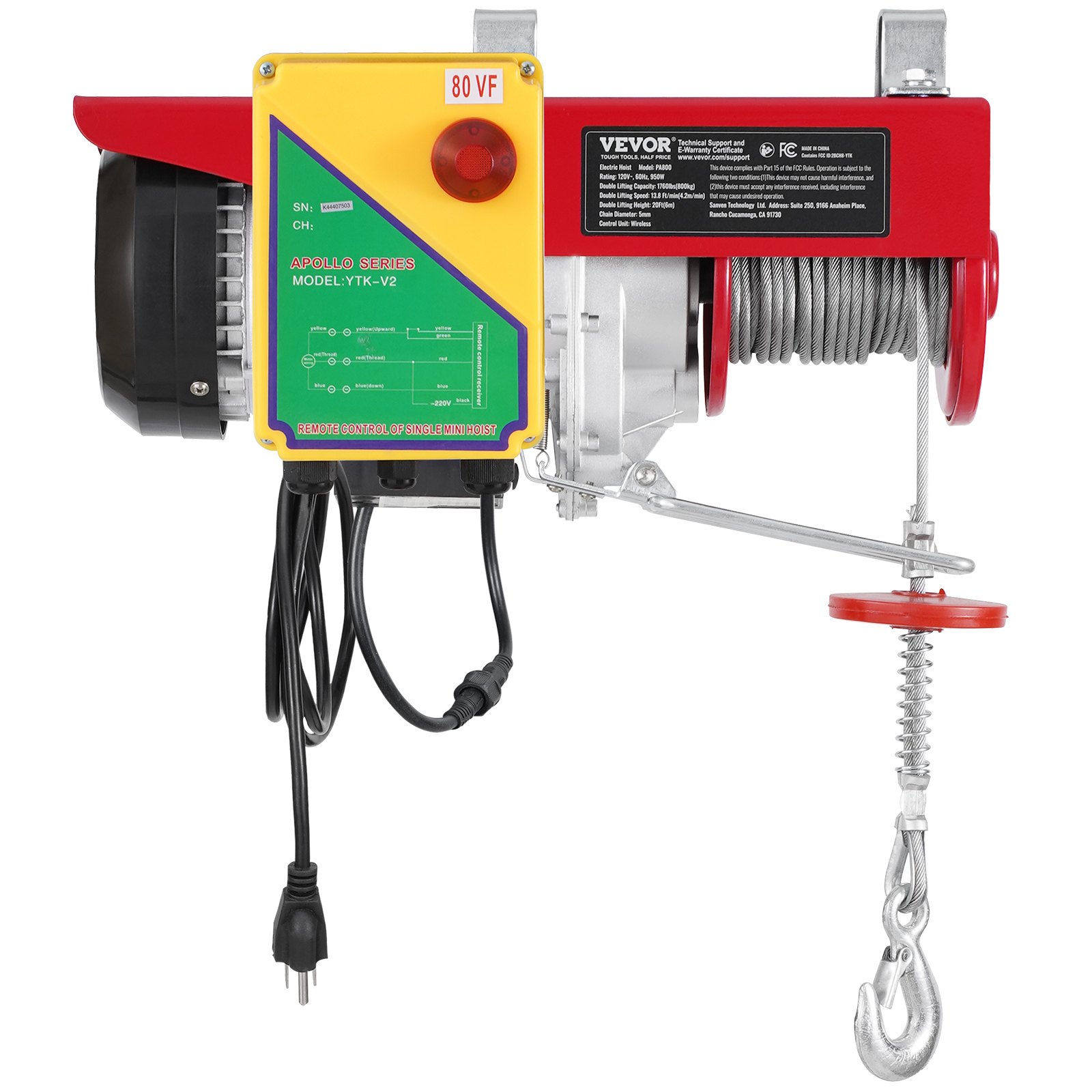 VEVOR Electric Hoist, 1760 lbs 120V Electric Winch with 328 ft Wireless Remote Control, 40 ft Single Cable Lifting Height, Single/Double Slings, Emergency Stop, Lift Hoist for Garage Warehouse Factory