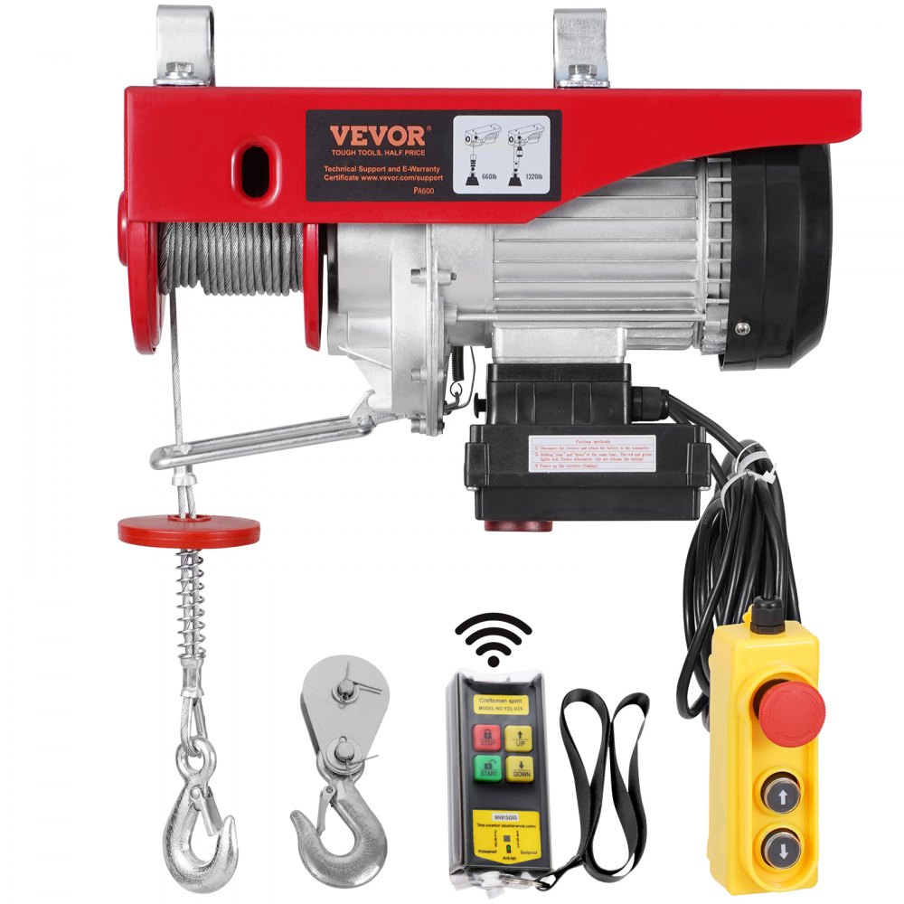 Cabrestante de grúa de elevación eléctrica VEVOR de 1320 lb y 328 pies con control remoto inalámbrico y cableado de 14 pies