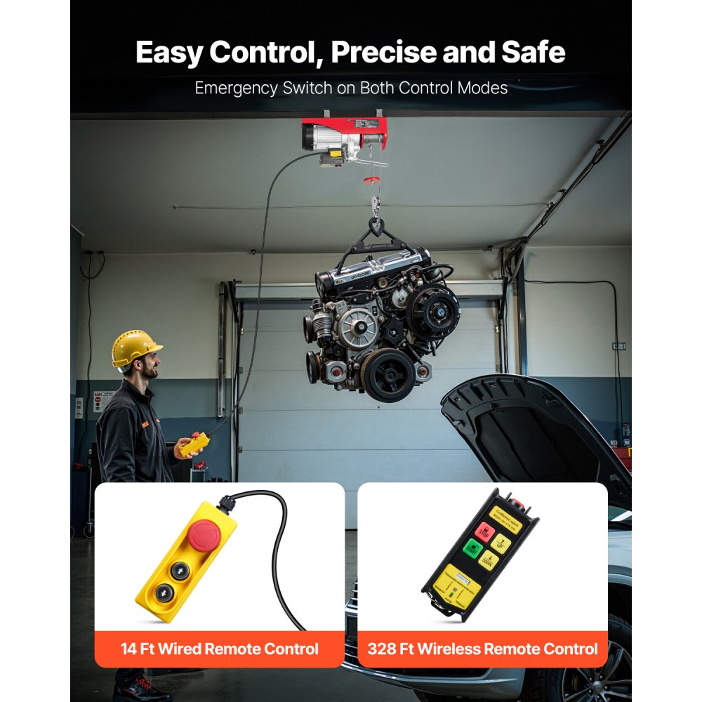 VEVOR Electric Hoist, 2200 lbs 120V Electric Winch with 328 ft Wireless & 14 ft Wired Remote Control, 40 ft Single Cable Lifting Height, Single/Double Slings, Lift Hoist for Garage Warehouse Factory