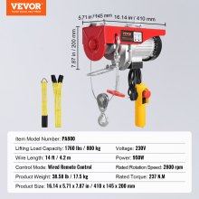 VEVOR Electric Hoist Crane Winch 1760 lbs with 14 ft Wired Remote Control 230V