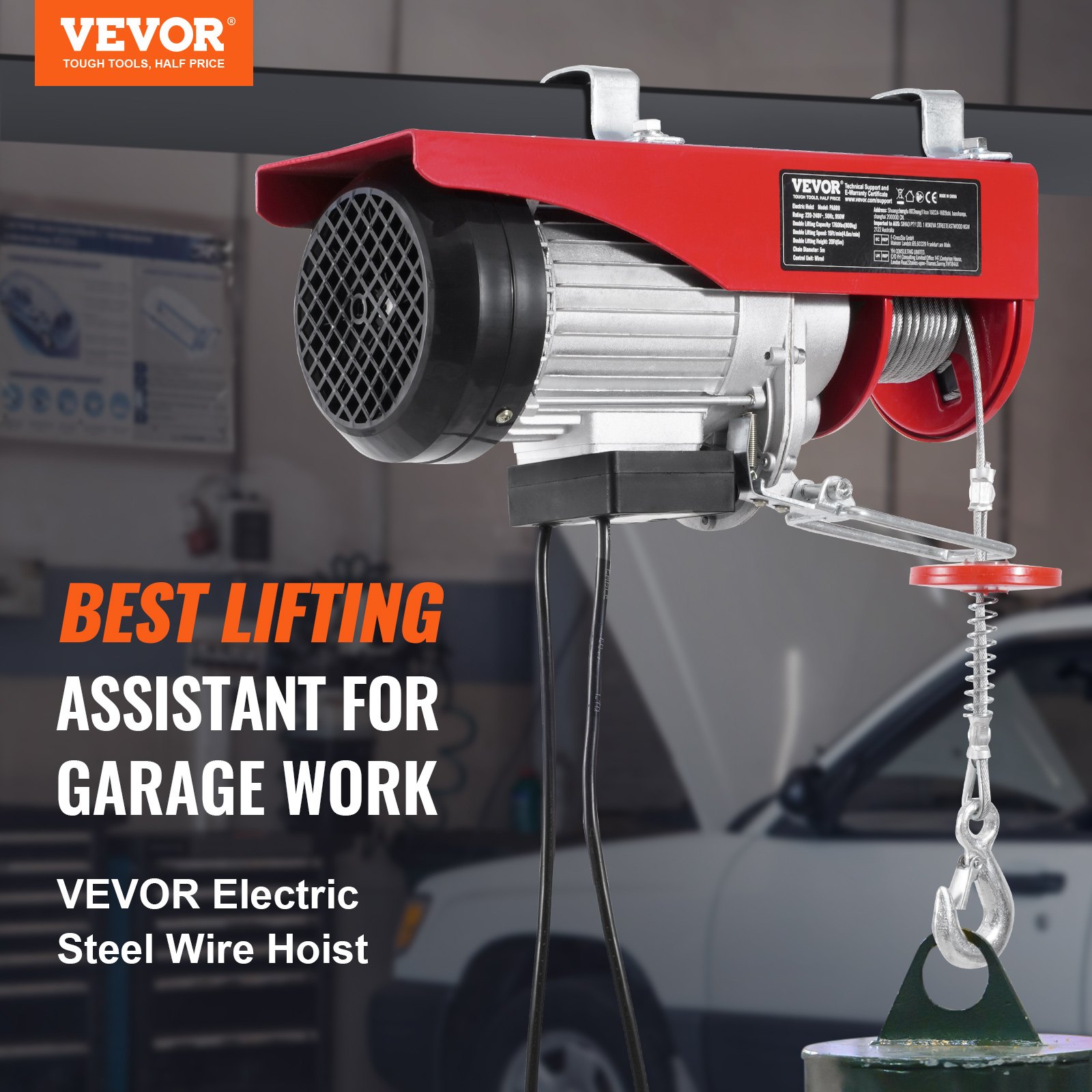VEVOR Electric Hoist Crane Winch 798.3 kg with 426.7 cm Wired Remote Control 230V