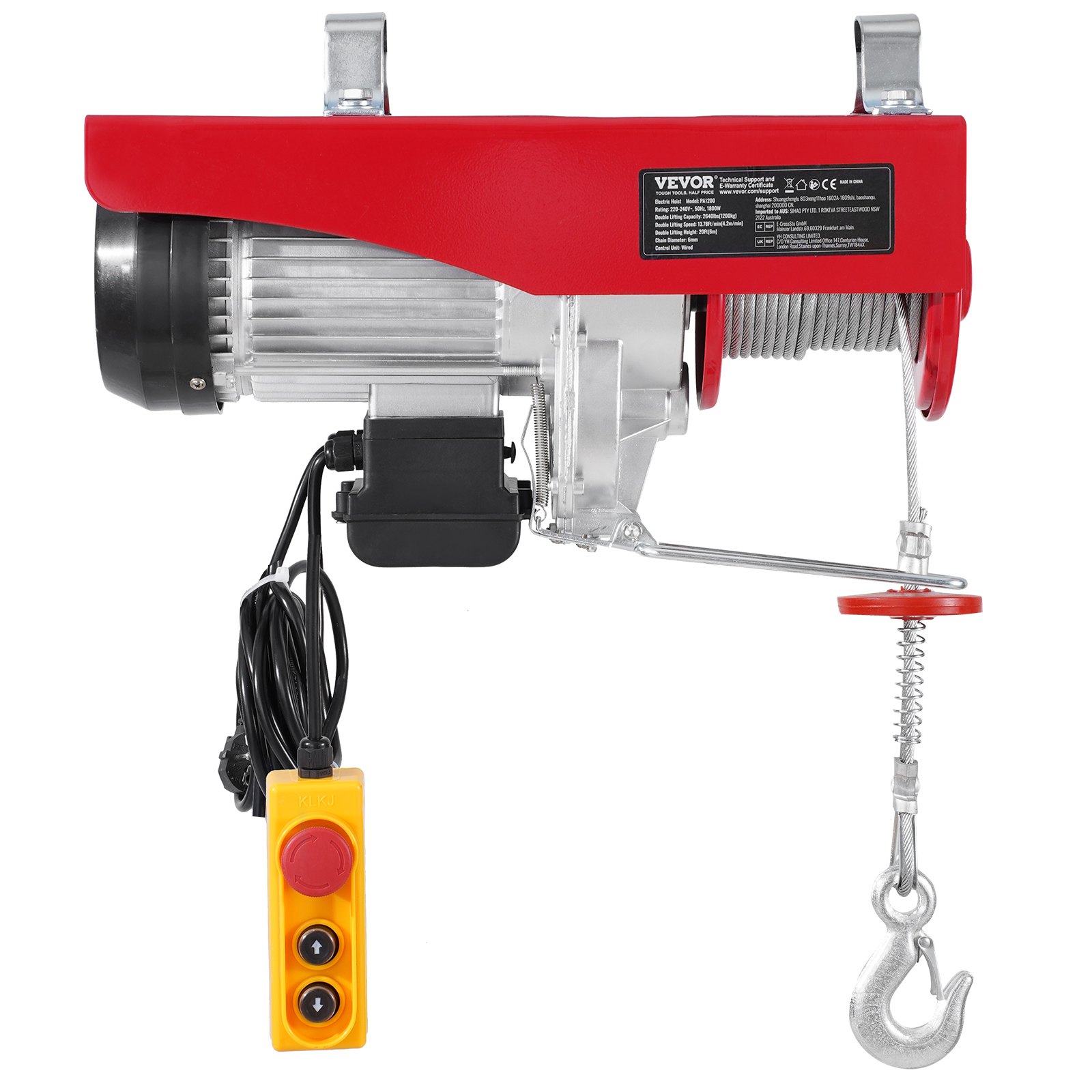 VEVOR Electric Hoist Crane Winch 1197.5 kg with 426.7 cm Wired Remote Control 230V