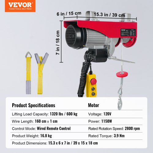 VEVOR Electric Hoist, 1320 lbs Lifting Capacity, 1150W 110V Electric Steel Wire Winch with 14ft Wired Remote Control, 40ft Single Cable Lifting Height & Pure Copper Motor, for Garage Warehouse Factory