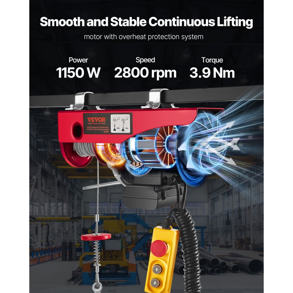 VEVOR Electric Hoist, 1320 lbs Lifting Capacity, 1150W 110V Electric Steel Wire Winch with 14ft Wired Remote Control, 40ft Single Cable Lifting Height & Pure Copper Motor, for Garage Warehouse Factory
