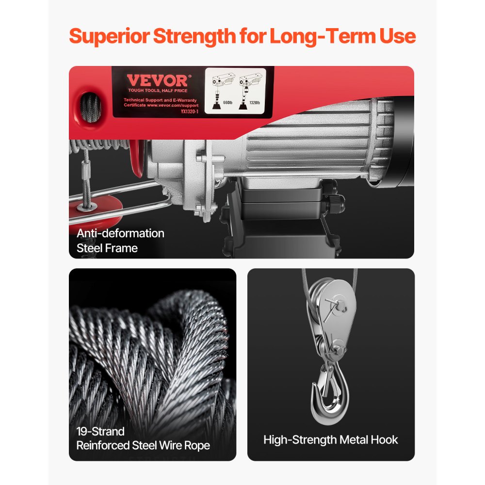 VEVOR Electric Hoist, 1320 lbs Lifting Capacity, 1150W 110V Electric Steel Wire Winch with 14ft Wired Remote Control, 40ft Single Cable Lifting Height & Pure Copper Motor, for Garage Warehouse Factory