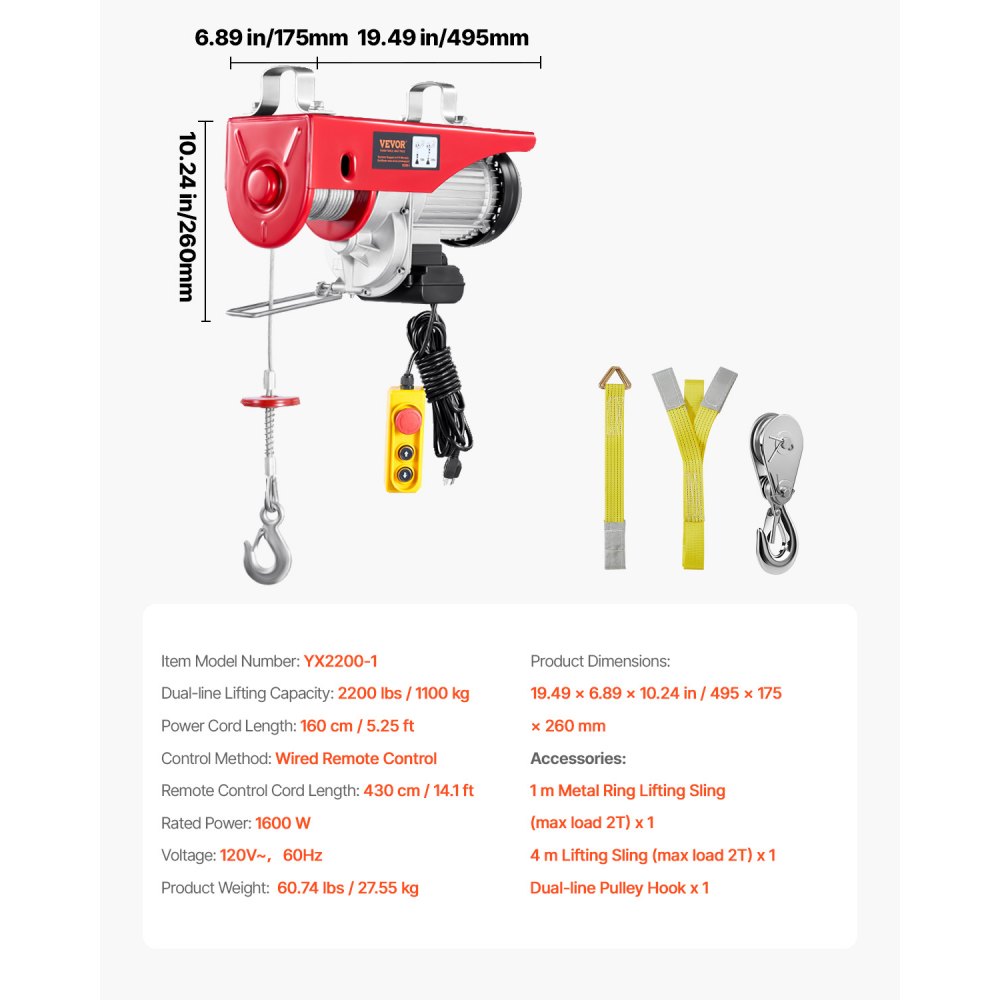 VEVOR 2200 lbs Attic Lift, 1600W 110V Electric Hoist with 14ft Wired Remote Control, 40ft Single Cable Lifting Height & High-quality Motor, for Garage Warehouse Factory