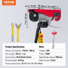 VEVOR Electric Hoist, 1760 lbs Lifting Capacity, 1450W 110V Electric Steel Wire Winch with 14ft Wired Remote Control, 40ft Single Cable Lifting Height & Pure Copper Motor, for Garage Warehouse Factory