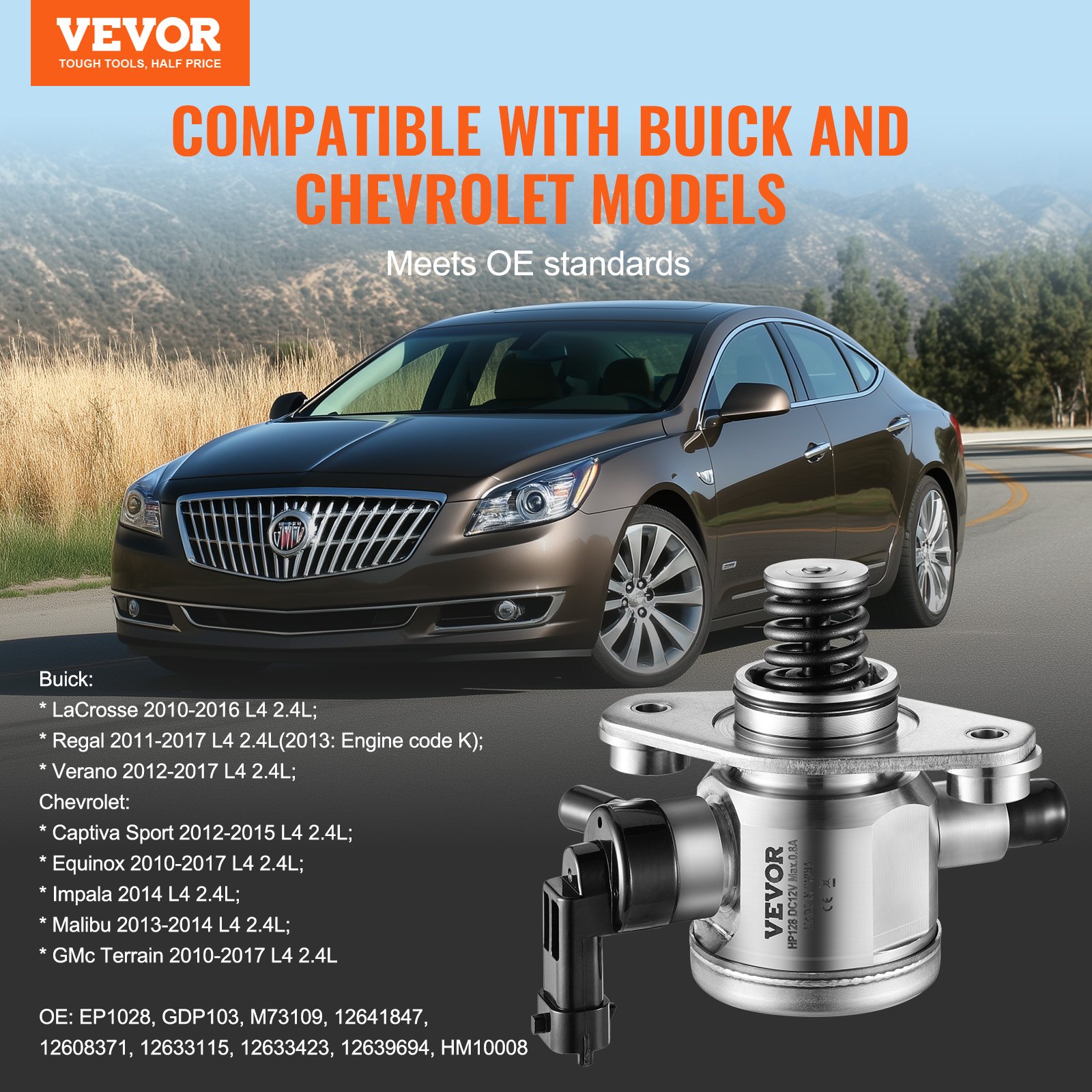 VEVOR High Pressure Fuel Pump with Gasket and Bolts, Compatible with Buick LaCrosse, Regal, Verano, Chevrolet Captiva Sport, Equinox, Impala, Malibu, GMC Terrain 2010-2017 L4 2.4L, Stainless Steel