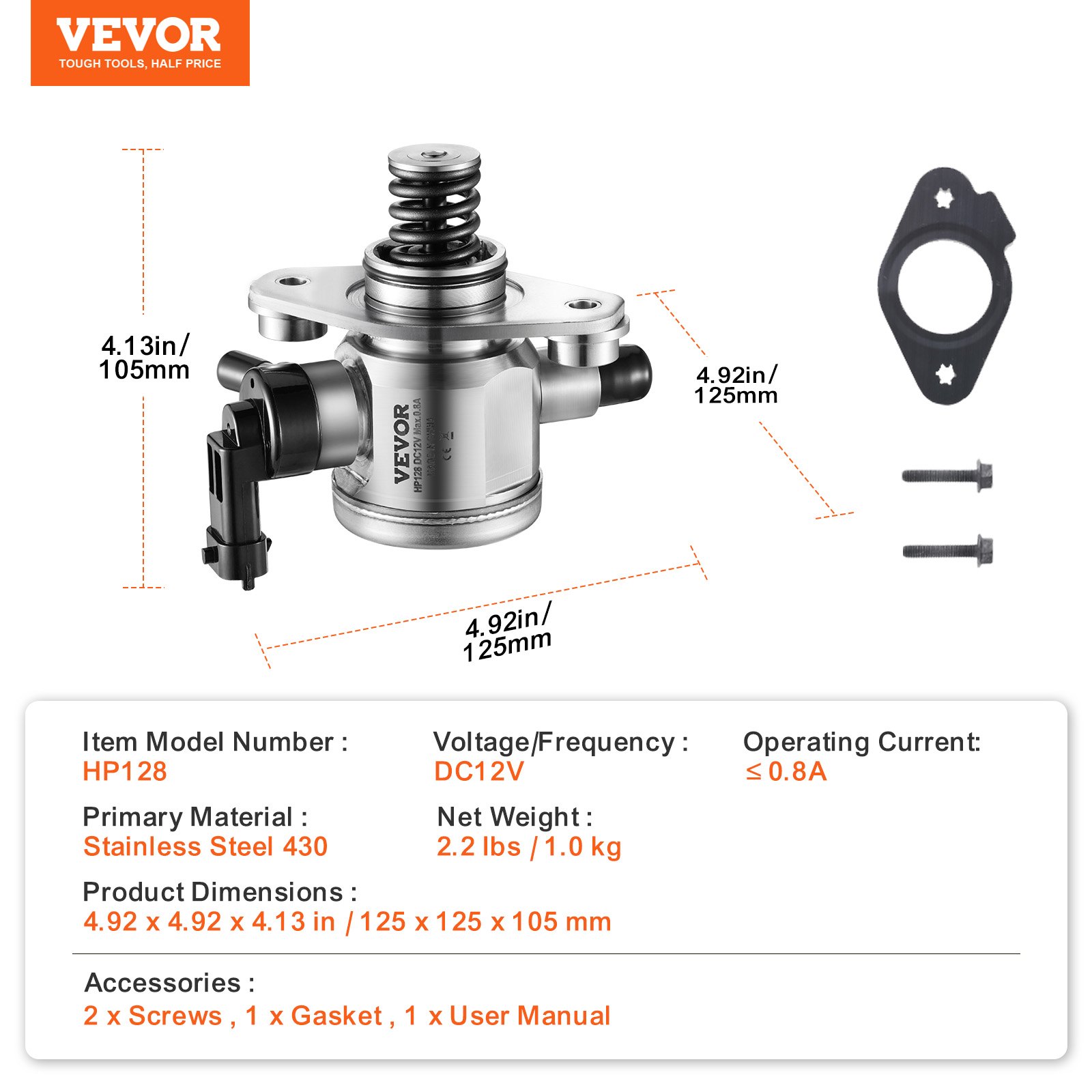 VEVOR High Pressure Fuel Pump with Gasket and Bolts, Compatible with Buick LaCrosse, Regal, Verano, Chevrolet Captiva Sport, Equinox, Impala, Malibu, GMC Terrain 2010-2017 L4 2.4L, Stainless Steel