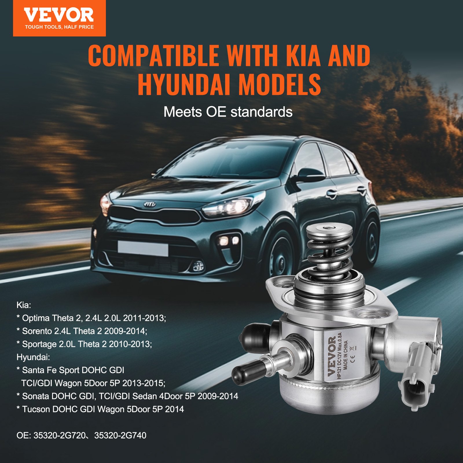 VEVOR High Pressure Fuel Pump, Compatible with Kia Optima, Sorento, Sportage, Hyundai Santa Fe Sport DOHC GDI, TCI/GDI Wagon, Sonata DOHC GDI, TCI/GDI Sedan, Tucson DOHC GDI, 35320-2G720, 35320-2G740