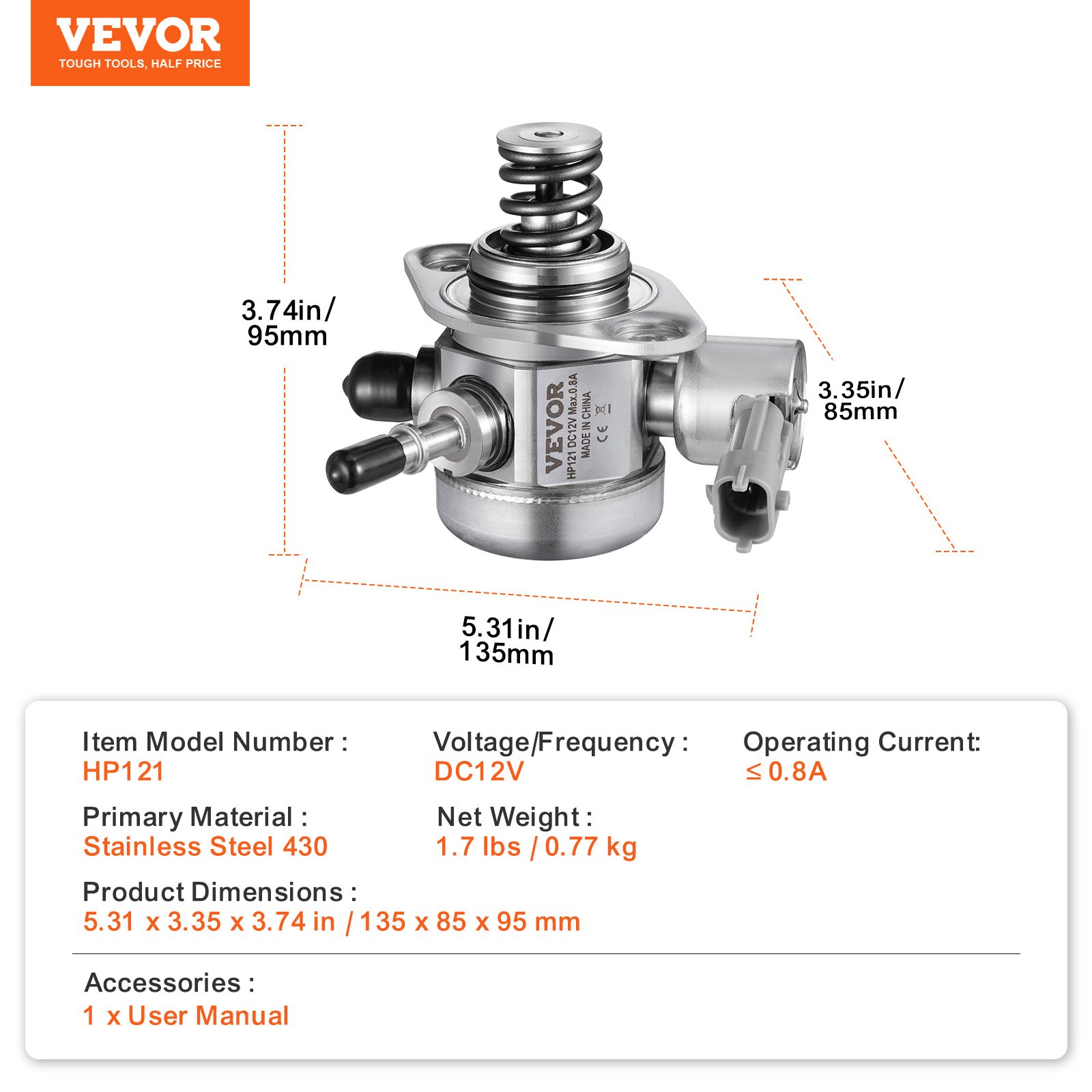 VEVOR High Pressure Fuel Pump, Compatible with Kia Optima, Sorento, Sportage, Hyundai Santa Fe Sport DOHC GDI, TCI/GDI Wagon, Sonata DOHC GDI, TCI/GDI Sedan, Tucson DOHC GDI, 35320-2G720, 35320-2G740