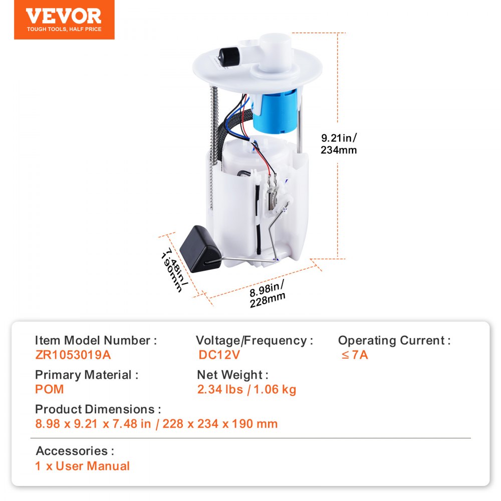 VEVOR Electric Fuel Pump Module Assembly, Compatible with Pontiac Vibe 2005-2010, Toyota Corolla 2005-2018, Toyota Matrix 2005-2013, 1.8L 2.4L, Replace E3781M, MU1718, F2792A, FG1640, FG0938, FG1299
