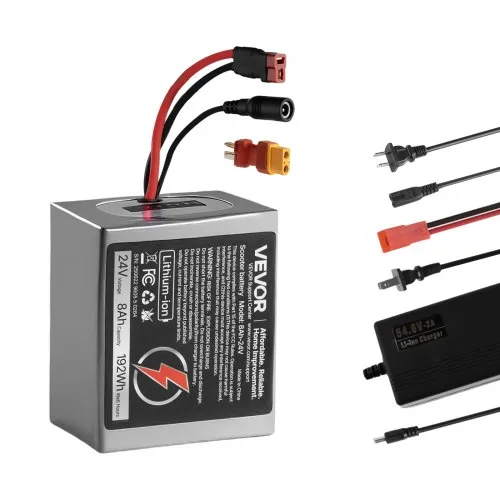 VEVOR 24V Electric Scooter Battery, 8Ah, Ebike Lithium Battery Pack with 30A BMS, Charger, T-Plug Expansion Cable, 500+ Cycles, Compatible with 1920W Motors, for Electric Bikes Bicycles, Scooters