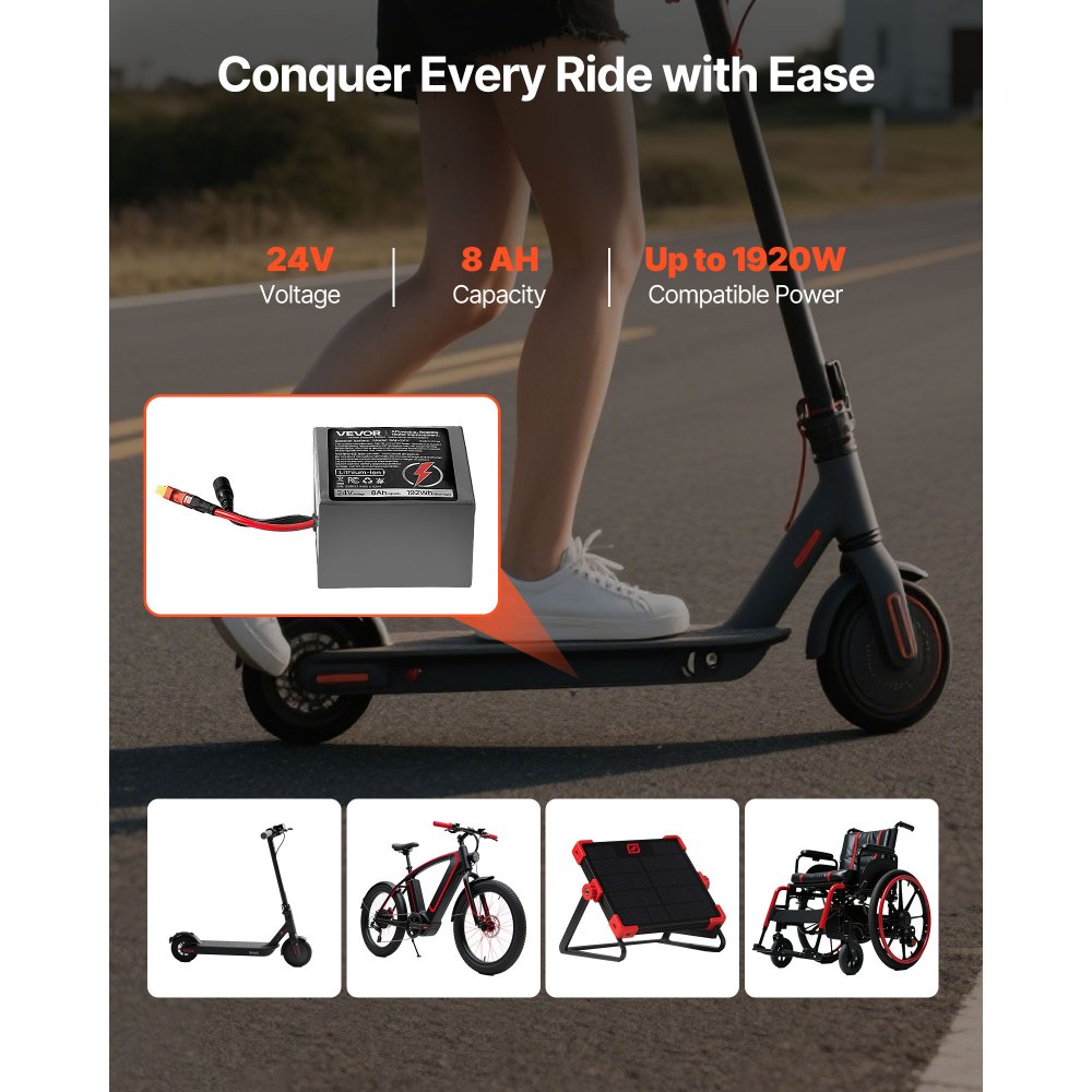 VEVOR 24V Electric Scooter Battery, 8Ah, Ebike Lithium Battery Pack with 30A BMS, Charger, T-Plug Expansion Cable, 500+ Cycles, Compatible with 1920W Motors, for Electric Bikes Bicycles, Scooters