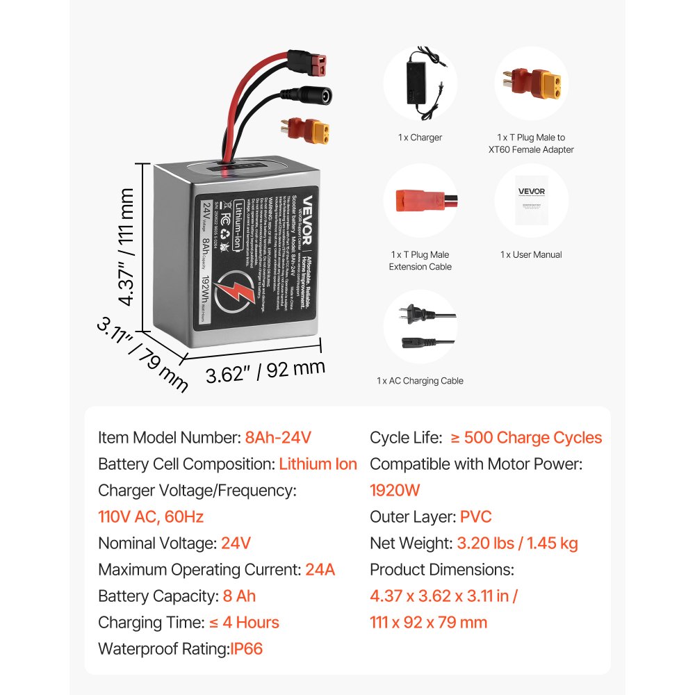 VEVOR 24V Electric Scooter Battery, 8Ah, Ebike Lithium Battery Pack with 30A BMS, Charger, T-Plug Expansion Cable, 500+ Cycles, Compatible with 1920W Motors, for Electric Bikes Bicycles, Scooters
