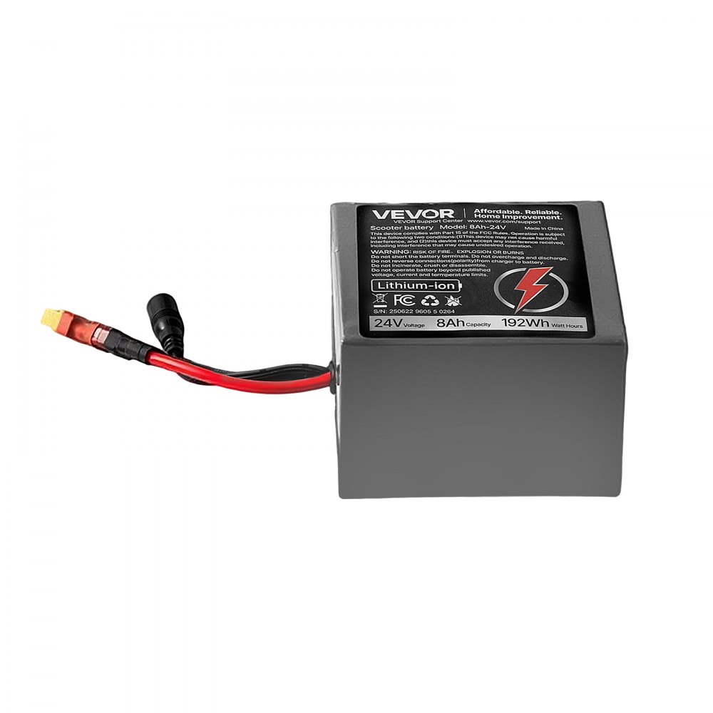 VEVOR 24V Electric Scooter Battery, 8Ah, Ebike Lithium Battery Pack with 30A BMS, Charger, T-Plug Expansion Cable, 500+ Cycles, Compatible with 1920W Motors, for Electric Bikes Bicycles, Scooters