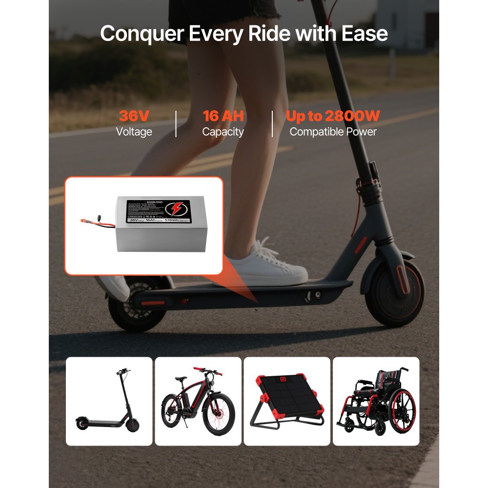 VEVOR 36V Electric Scooter Battery, 16Ah, Ebike Lithium Battery Pack with 30A BMS, Charger, T-Plug Expansion Cable, 500+ Cycles, Compatible with 2880W Motors, for Electric Bikes Bicycles, Scooters