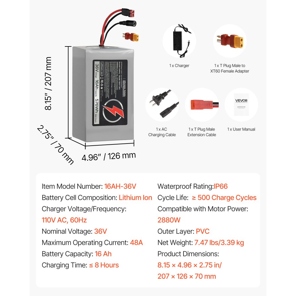 VEVOR 36V Electric Scooter Battery, 16Ah, Ebike Lithium Battery Pack with 30A BMS, Charger, T-Plug Expansion Cable, 500+ Cycles, Compatible with 2880W Motors, for Electric Bikes Bicycles, Scooters