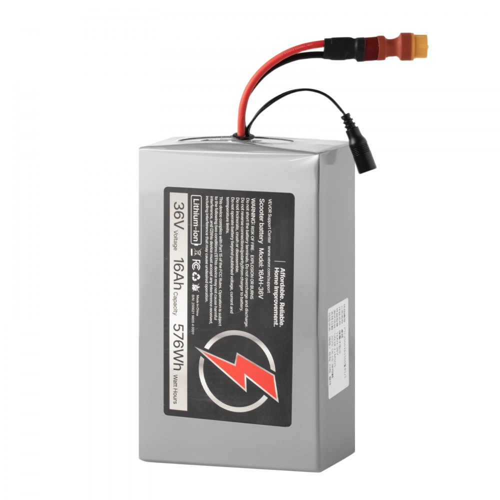 VEVOR 36V Electric Scooter Battery, 16Ah, Ebike Lithium Battery Pack with 30A BMS, Charger, T-Plug Expansion Cable, 500+ Cycles, Compatible with 2880W Motors, for Electric Bikes Bicycles, Scooters