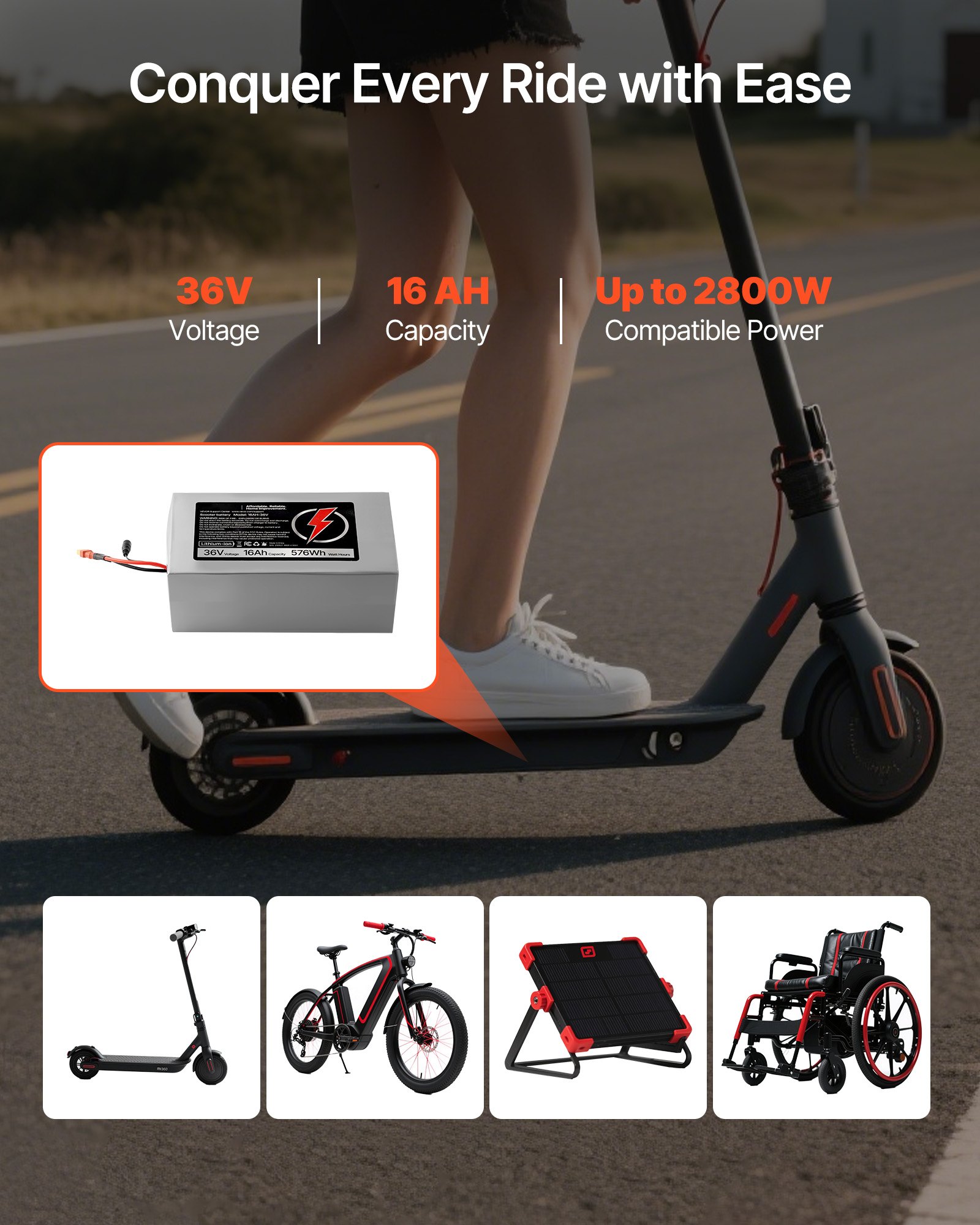 VEVOR 36V Electric Scooter Battery, 16Ah, Ebike Lithium Battery Pack with 30A BMS, Charger, T-Plug Expansion Cable, 500+ Cycles, Compatible with 2880W Motors, for Electric Bikes Bicycles, Scooters