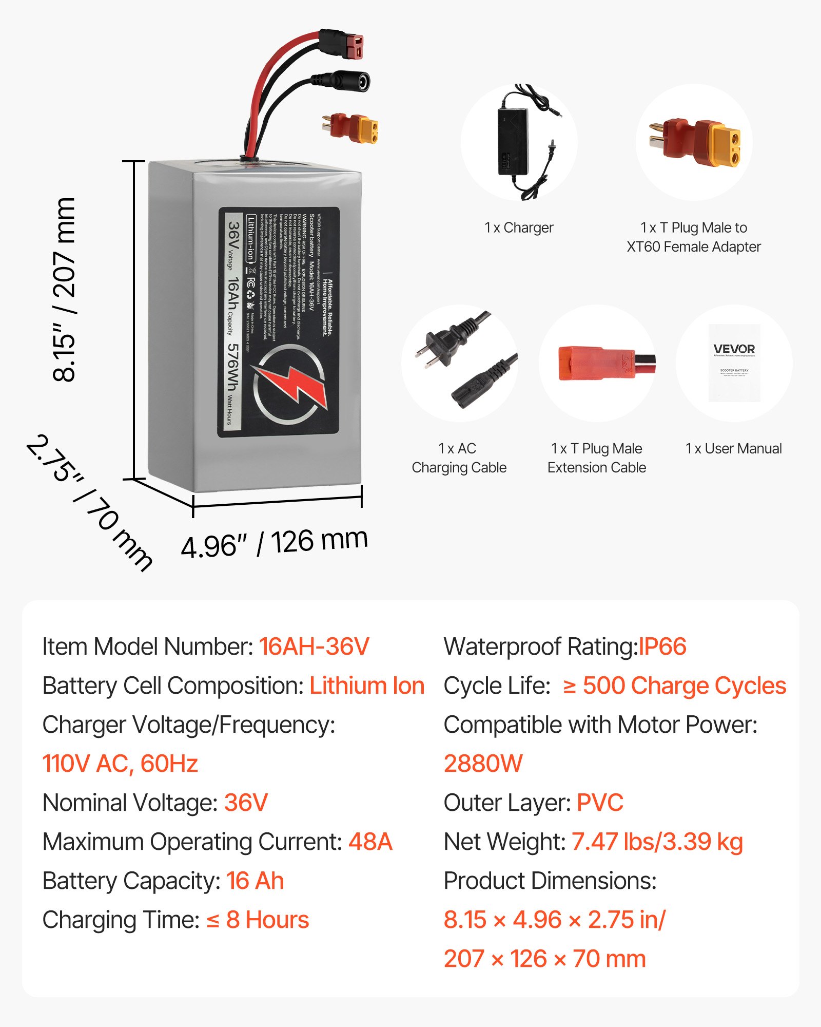 VEVOR 36V Electric Scooter Battery, 16Ah, Ebike Lithium Battery Pack with 30A BMS, Charger, T-Plug Expansion Cable, 500+ Cycles, Compatible with 2880W Motors, for Electric Bikes Bicycles, Scooters