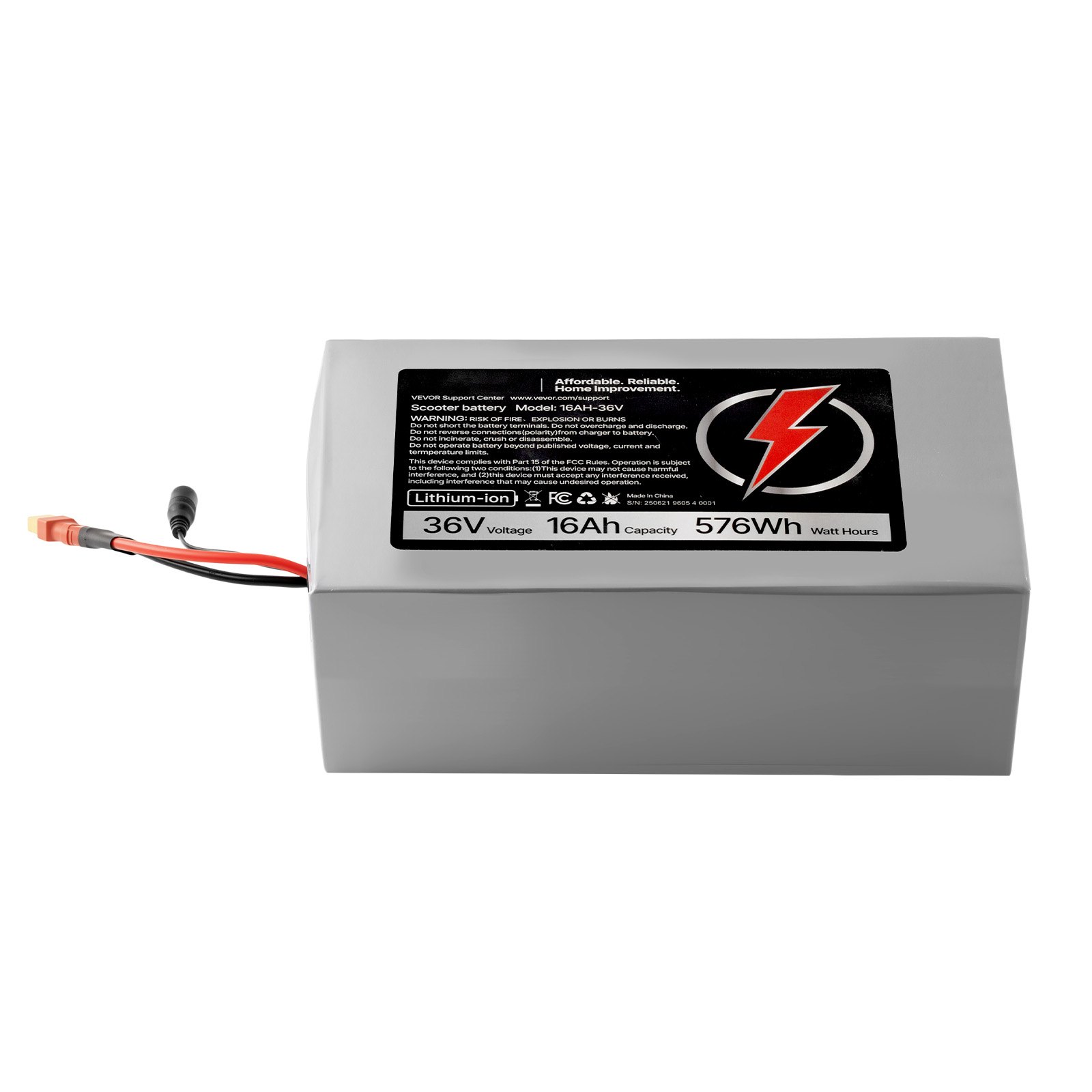 VEVOR 36V Electric Scooter Battery, 16Ah, Ebike Lithium Battery Pack with 30A BMS, Charger, T-Plug Expansion Cable, 500+ Cycles, Compatible with 2880W Motors, for Electric Bikes Bicycles, Scooters
