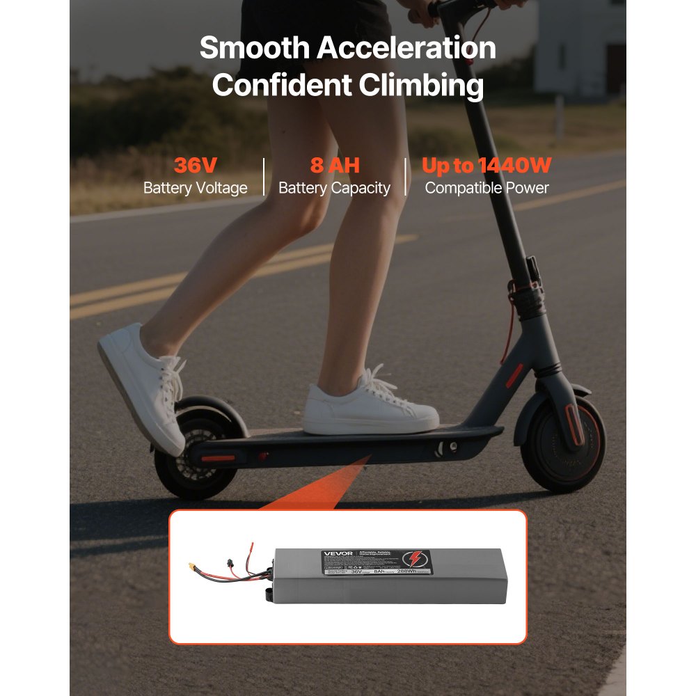VEVOR 36V Scooter Battery Pack, 8Ah, 8000mAh Lithium Battery Replacement with 30A BMS, Charger, 500+ Cycles, Compatible with 1440W Motors, for Imitation M365 Electric Scooters, Without Communication
