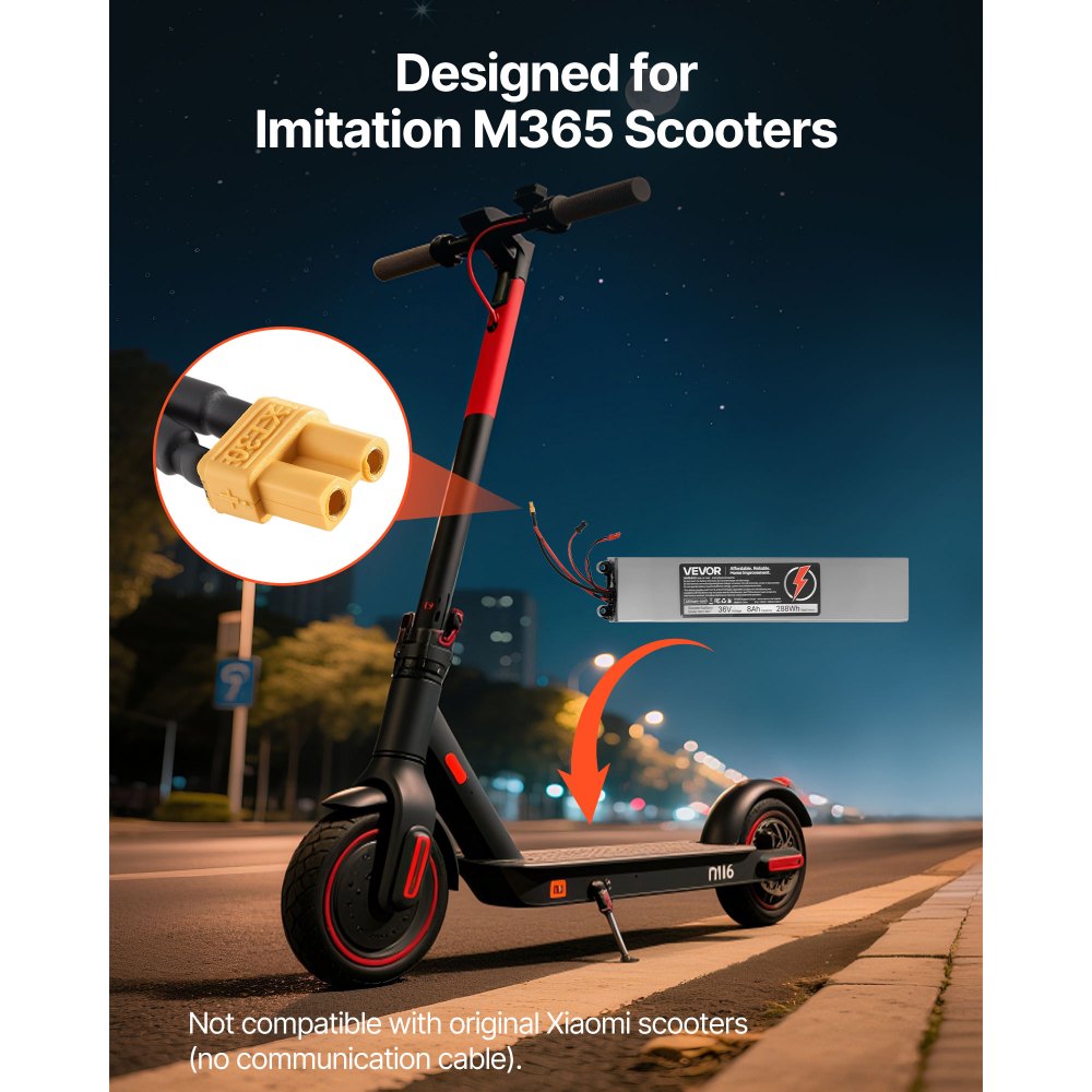 VEVOR 36V Scooter Battery Pack, 8Ah, 8000mAh Lithium Battery Replacement with 30A BMS, Charger, 500+ Cycles, Compatible with 1440W Motors, for Imitation M365 Electric Scooters, Without Communication
