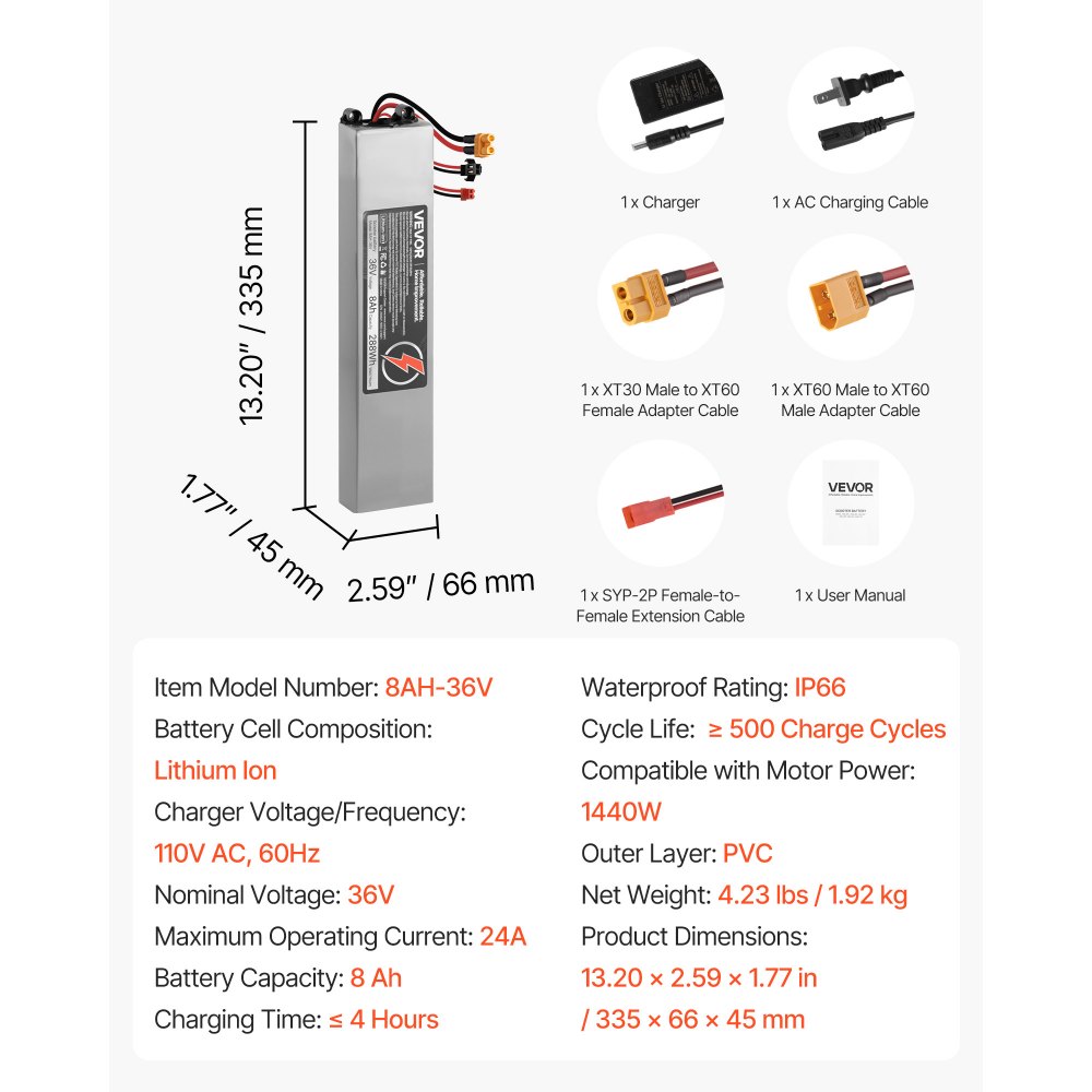 VEVOR 36V Scooter Battery Pack, 8Ah, 8000mAh Lithium Battery Replacement with 30A BMS, Charger, 500+ Cycles, Compatible with 1440W Motors, for Imitation M365 Electric Scooters, Without Communication