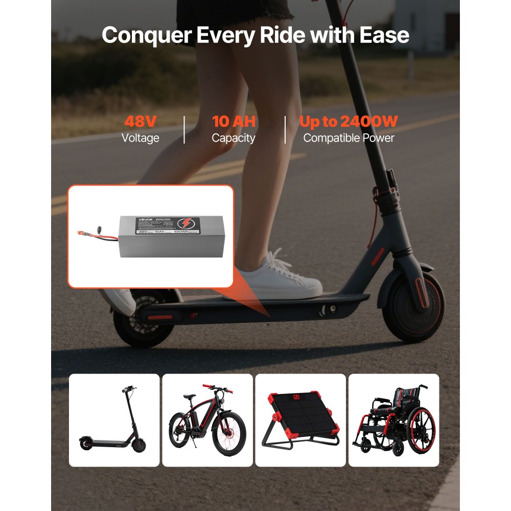 VEVOR 48V Electric Scooter Battery, 10Ah, Ebike Lithium Battery Pack with 30A BMS, Charger, T-Plug Expansion Cable, 500+ Cycles, Compatible with 2400W Motors, for Electric Bikes Bicycles, Scooters
