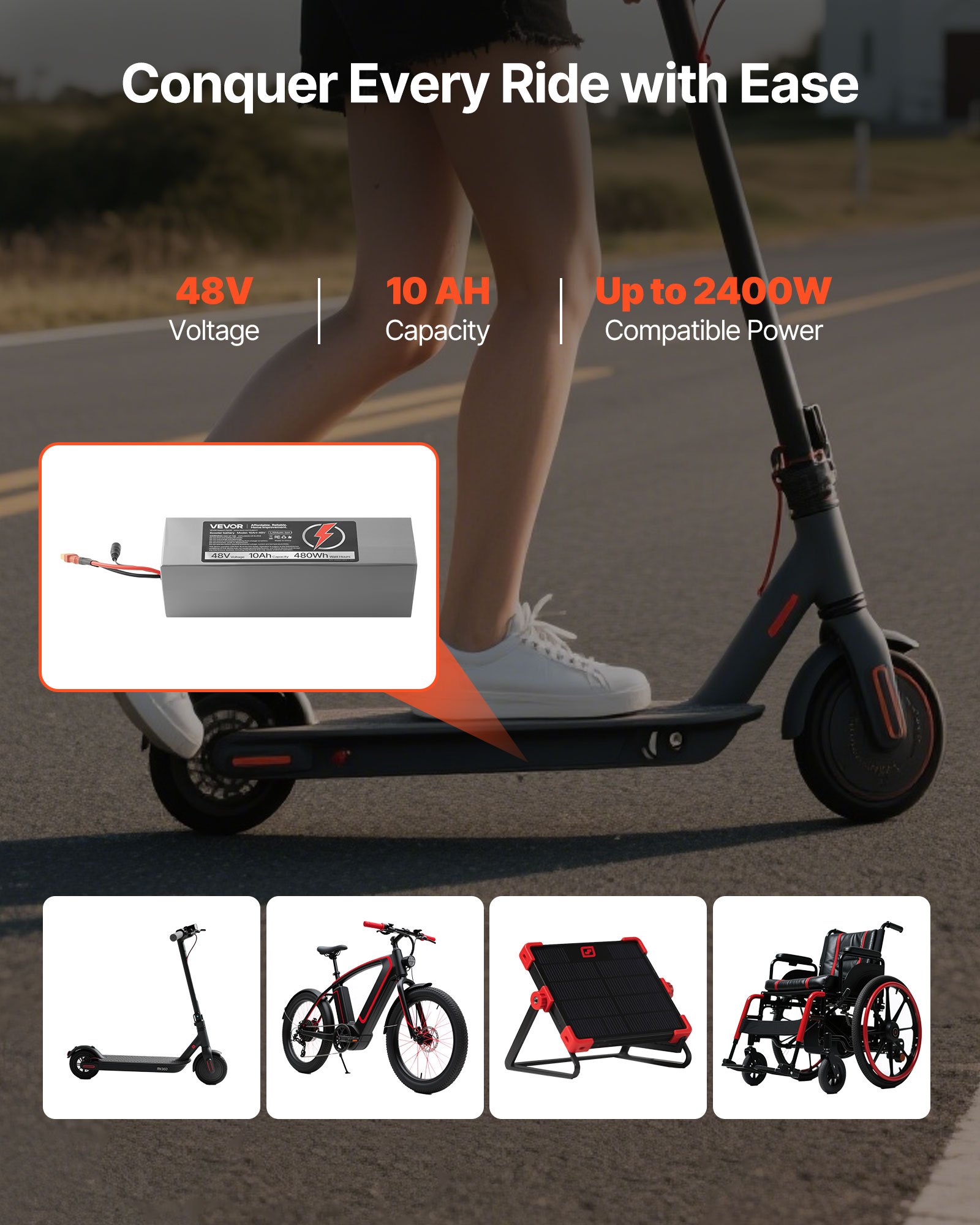 VEVOR 48V Electric Scooter Battery, 10Ah, Ebike Lithium Battery Pack with 30A BMS, Charger, T-Plug Expansion Cable, 500+ Cycles, Compatible with 2400W Motors, for Electric Bikes Bicycles, Scooters
