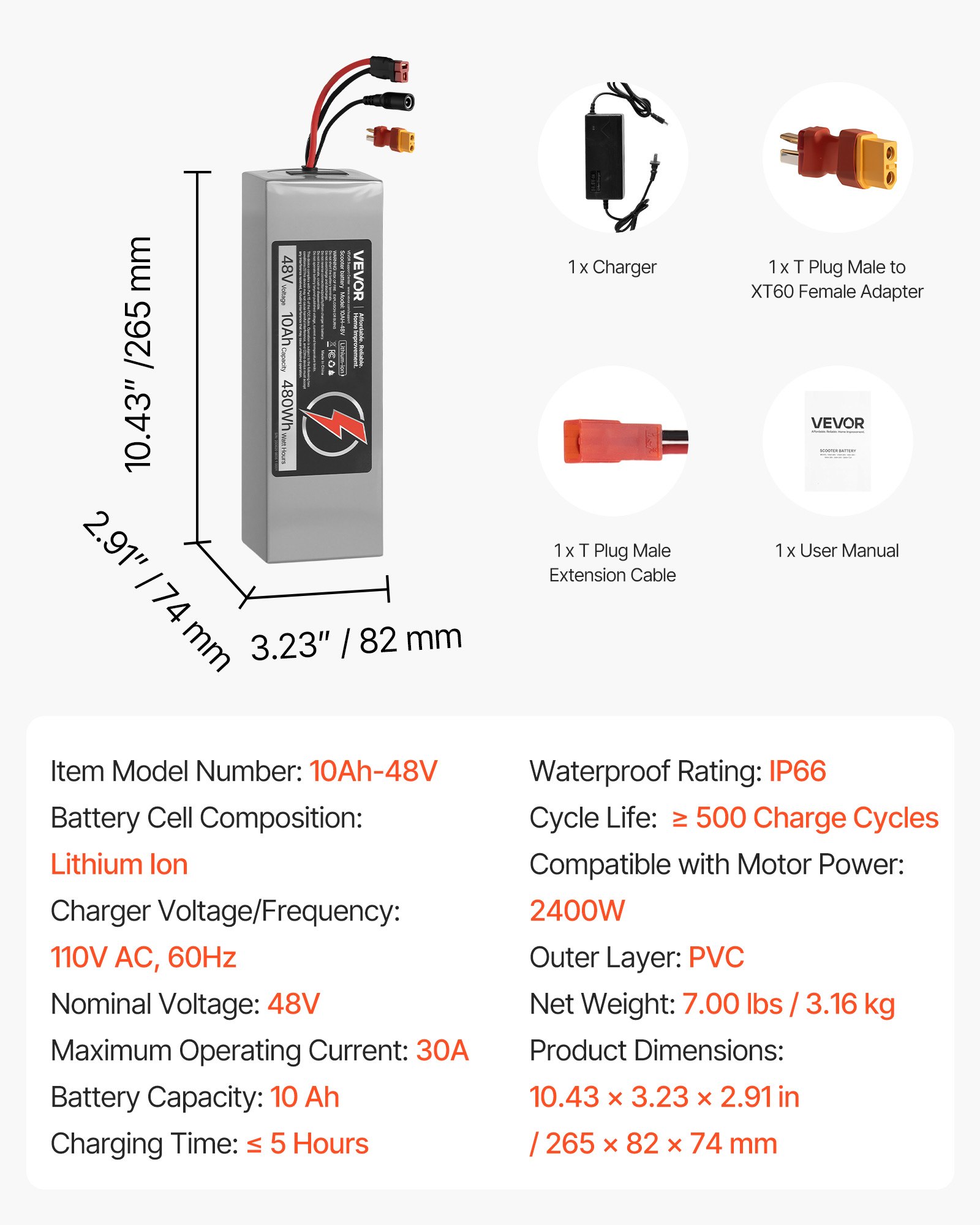 VEVOR 48V Electric Scooter Battery, 10Ah, Ebike Lithium Battery Pack with 30A BMS, Charger, T-Plug Expansion Cable, 500+ Cycles, Compatible with 2400W Motors, for Electric Bikes Bicycles, Scooters