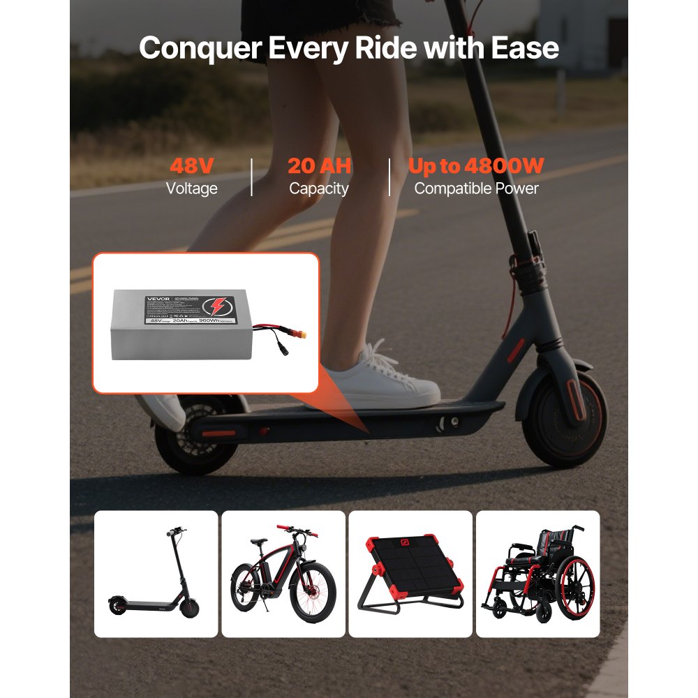 VEVOR 48V Electric Scooter Battery, 20Ah, Ebike Lithium Battery Pack with 30A BMS, Charger, T-Plug Expansion Cable, 500+ Cycles, Compatible with 4800W Motors, for Electric Bikes Bicycles, Scooters