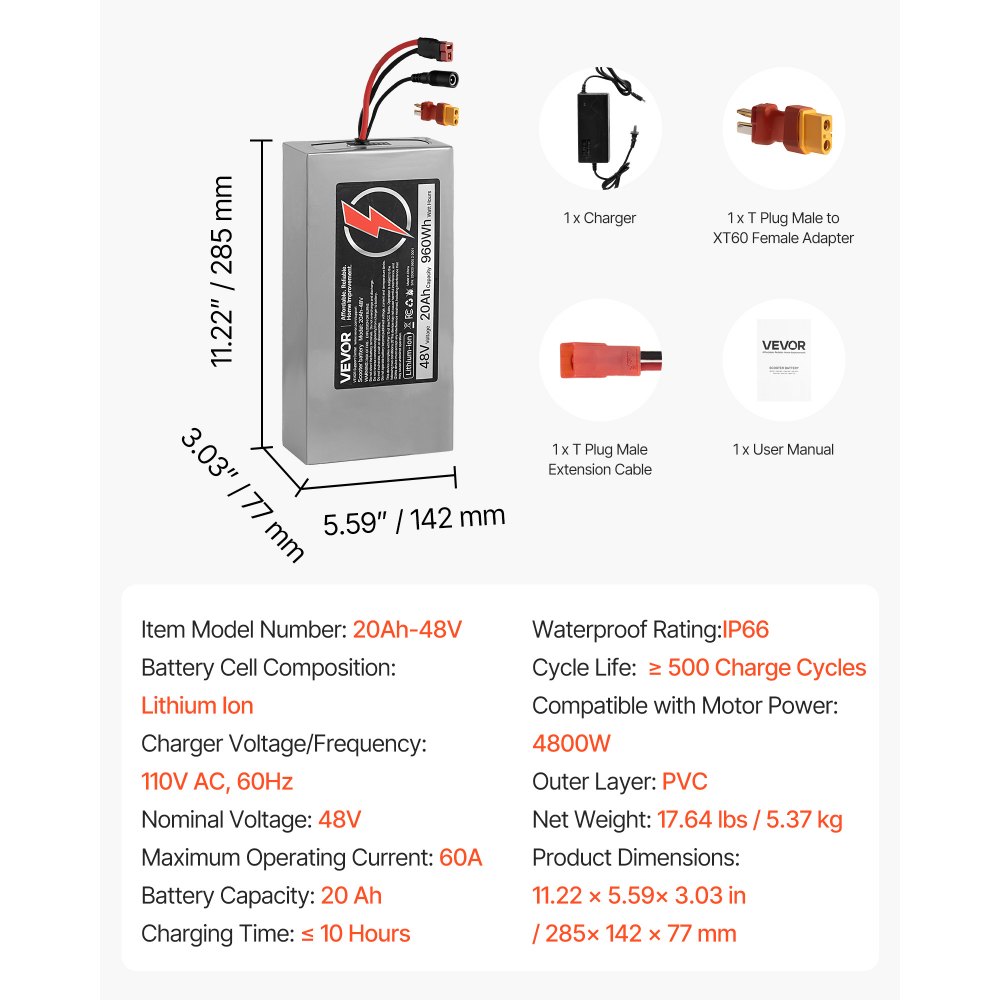 VEVOR 48V Electric Scooter Battery, 20Ah, Ebike Lithium Battery Pack with 30A BMS, Charger, T-Plug Expansion Cable, 500+ Cycles, Compatible with 4800W Motors, for Electric Bikes Bicycles, Scooters