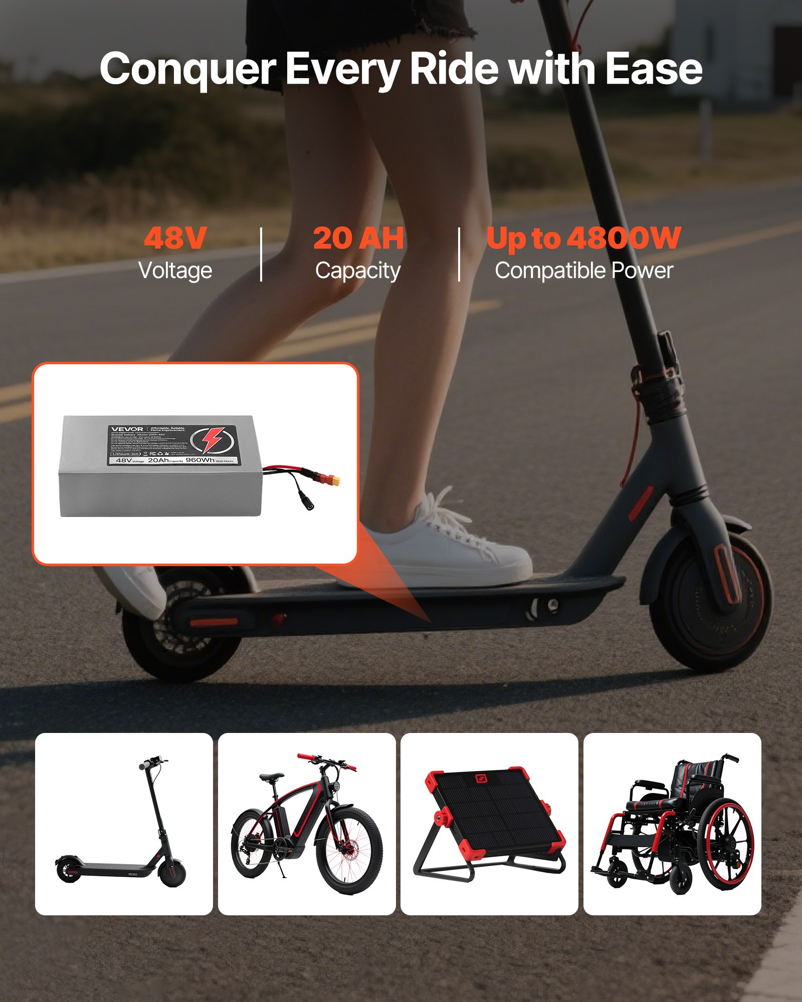 VEVOR 48V Electric Scooter Battery, 20Ah, Ebike Lithium Battery Pack with 30A BMS, Charger, T-Plug Expansion Cable, 500+ Cycles, Compatible with 4800W Motors, for Electric Bikes Bicycles, Scooters