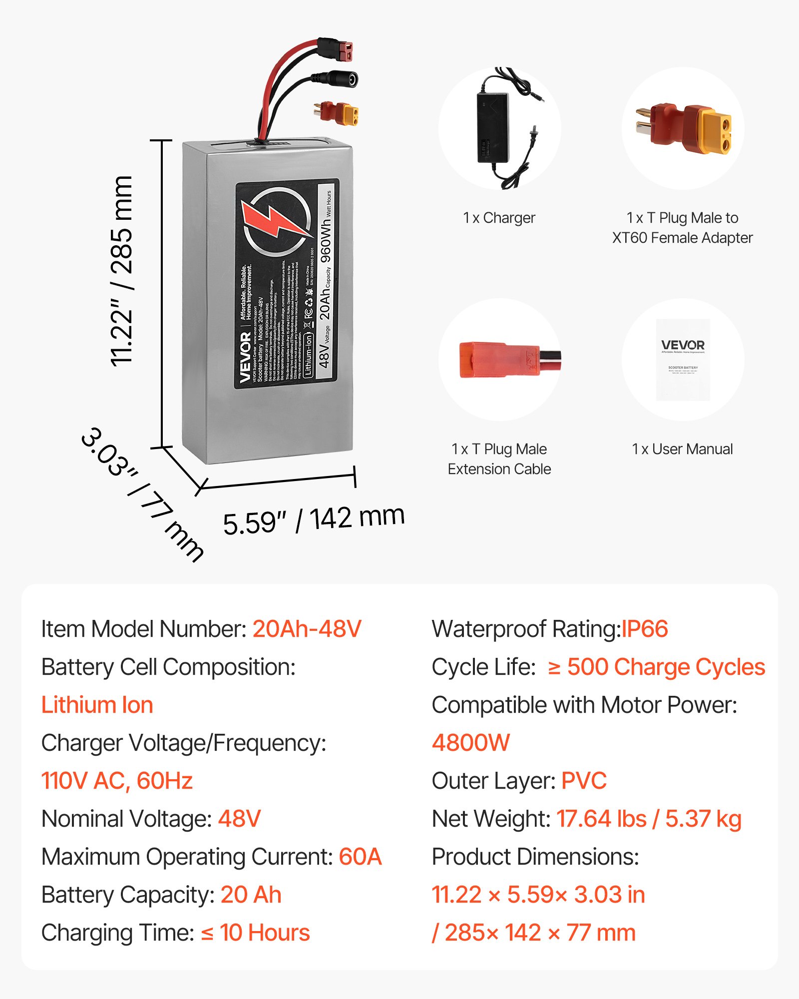 VEVOR 48V Electric Scooter Battery, 20Ah, Ebike Lithium Battery Pack with 30A BMS, Charger, T-Plug Expansion Cable, 500+ Cycles, Compatible with 4800W Motors, for Electric Bikes Bicycles, Scooters